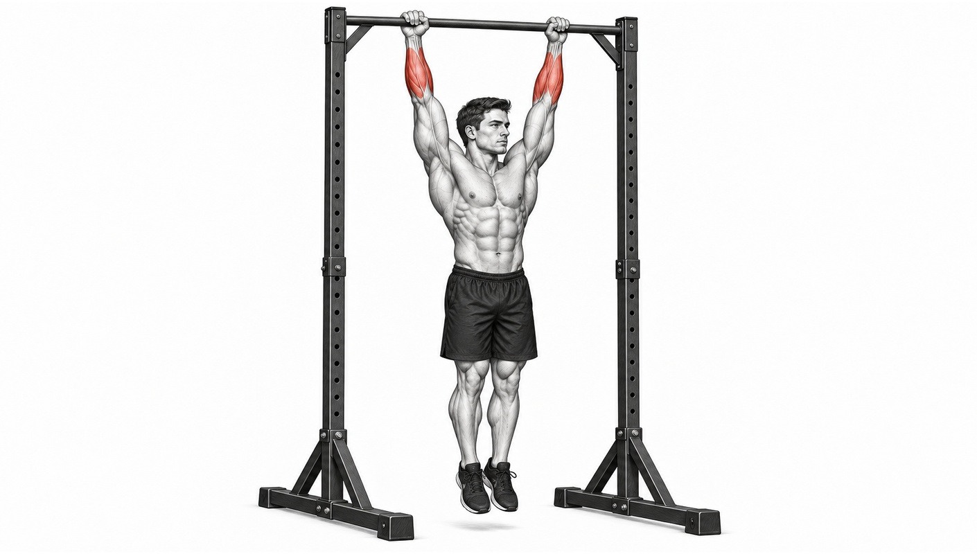 Suspension &agrave; la barre de traction : mains ferm&eacute;es sur la barre